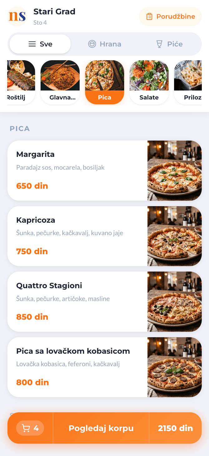 Nastolu QR meni na telefonu gosta - kategorije jela, cene i korpa za naručivanje sa stola